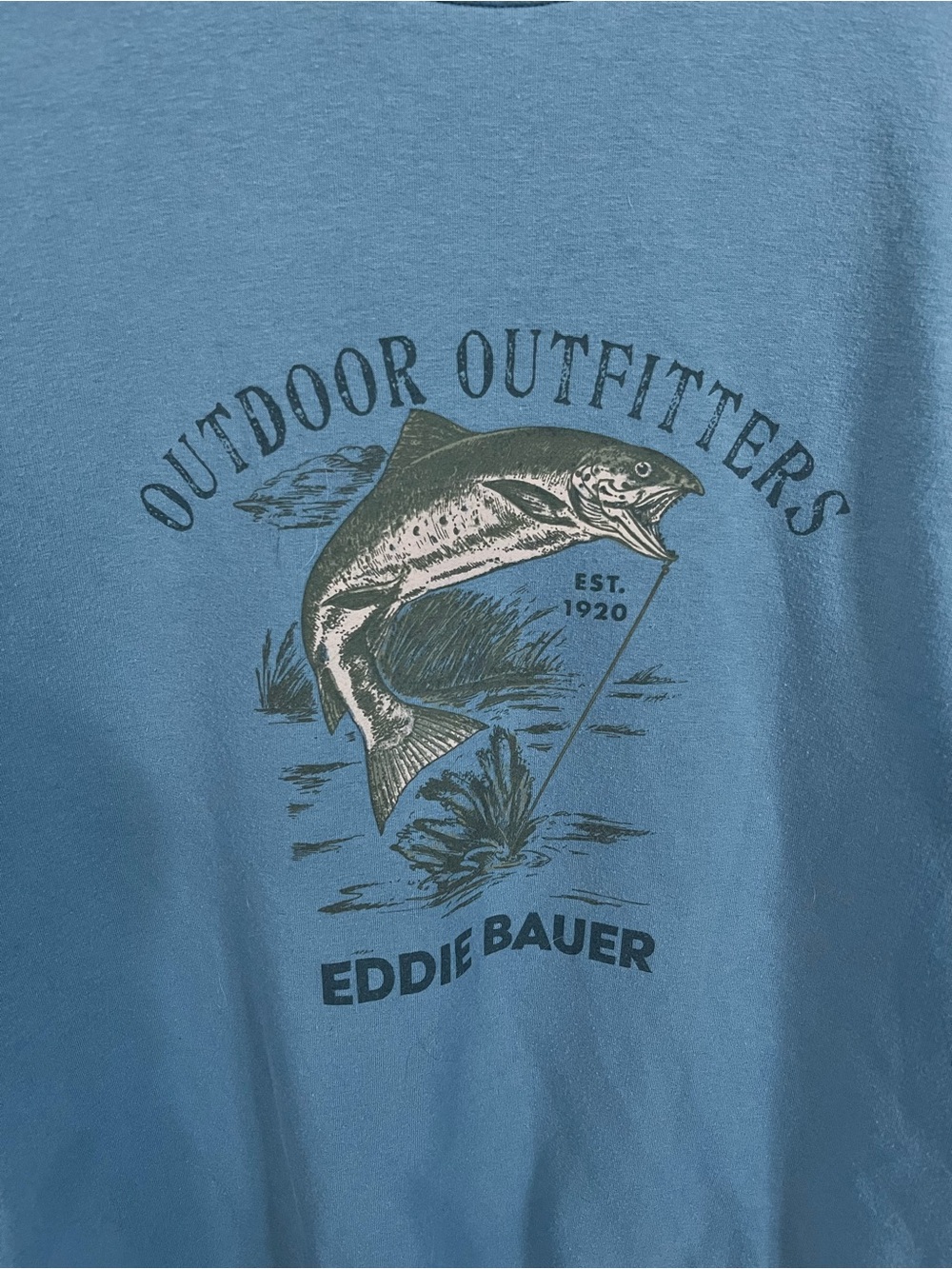Eddie Bauer Dusty Blue crewneck with Fishing Graphic